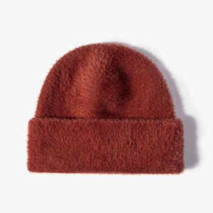 Logo Knit Winter Color Block Stripe Fluffy Beanie Warm Fuzzy Knit Winter Hat Mohair Beanie - Product Image 1