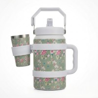 Carafe isotherme florale en acier inoxydable 304 de 64 oz avec poignée, porte-gobelet intégré de 6 oz et couvercle à paille anti-fuite