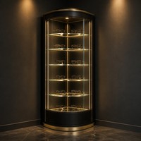 Matt-Schwarzer Goldener Eck-Brillenpräsentationsschrank Gebogenes Glas LED-Regal Optische Einzelhandels-Vitrine