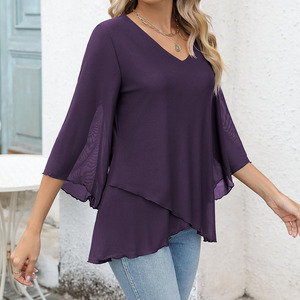 Blusa de Moda para Mujer, Cuello en V, Manga Larga, Gasa, Informal, Talla Grande - Product Image 4