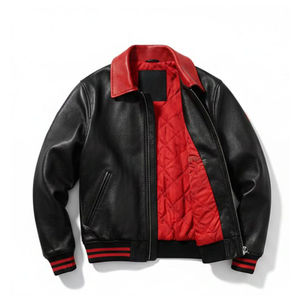Chaqueta Bomber Varsity de Cuero Vacuno de Grano Completo Personalizada 2026, Forro Acolchado Rojo y Negro, Chaqueta de Invierno Estilo Urbano para Hombre - Product Image 6
