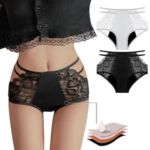 High Waist Stretchy Floral Lace Trim Comfortable Transparent 4 Layers Sexy Period Panties Leakproof Reusable Menstrual Underwear