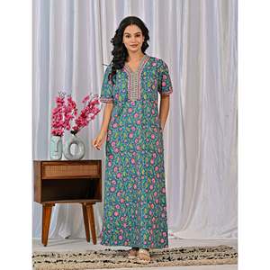 Vestido de Dormir 100% Algodón con Estampado Jaal Hecho a Mano, Camisón Suave Tejido con Diseño Floral y Cierre de Botones, Talla 3XL para Damas de Honor - Product Image 3