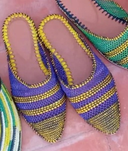 Sandalias Artesanales de Moda con Rayas de Rafia, Colores Mixtos, Punta Abierta, Suela de Cuero Genuino, Transpirables, para Interiores, Todas las Estaciones - Product Image 1