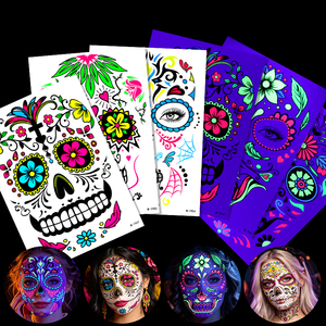 Pegatina <span class=keywords><strong>de</strong></span> tatuaje facial <span class=keywords><strong>de</strong></span> neón UV que brilla en la oscuridad, <span class=keywords><strong>maquillaje</strong></span> <span class=keywords><strong>de</strong></span> calavera <span class=keywords><strong>de</strong></span> azúcar para Halloween, festivales <span class=keywords><strong>de</strong></span> música, fiestas rave, calcomanía corporal impermeable. - Product Image 4