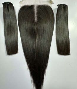 Extensions de cheveux naturels indiens Remy double drawn, tissage machine, cheveux vierges noirs lisses, closure frontale en dentelle 13x6 - Product Image 1