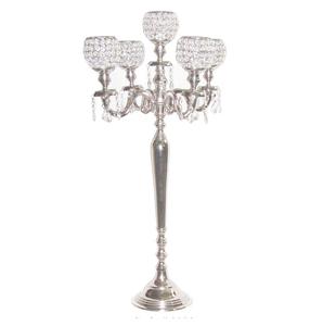 Candélabre à 5 bras en métal et perles de cristal, finition argentée, qualité supérieure, support de bougies chauffe-plat décoratif fait main pour mariage - Product Image 1