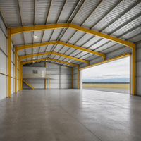 Hangar d'aviation intérieur avec charpente en acier jaune, plateforme mezzanine, porte large ouverte et accès par portillon
