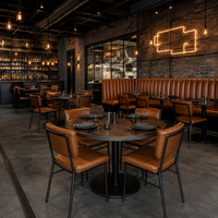 Garniture de restaurant Ron Group : Banquette commerciale à dossier haut, table en bois et chaise industrielle rembourrée en cuir – Mobilier personnalisé