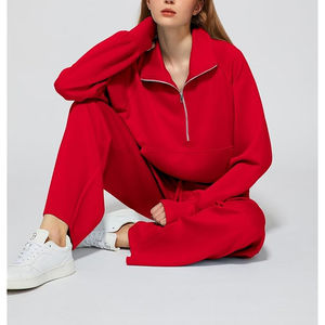 Ensemble de pantalons de survêtement à jambes larges Survêtement pour femmes 2 pièces en coton Ensemble de salon 2025 Survêtement surdimensionné à demi-fermeture éclair - Product Image 6