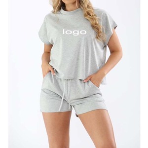 Quickdry 100% algodón 2 piezas conjunto mujer Streetwear transpirable 100% algodón logotipo personalizado sólido conjunto de mujer ropa Casual - Product Image 3