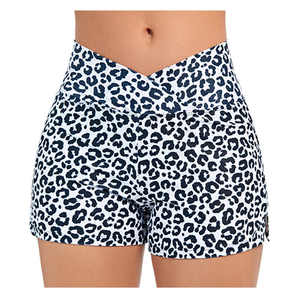 Mallas personalizadas Pantalones cortos de compresión Leopardo Sublimación Imprimir Deporte Fitness Pantalones cortos de cintura cruzada Leggings de yoga para mujeres - Product Image 1