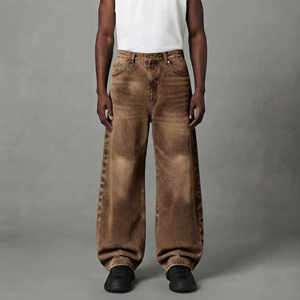Jean baggy en denim brodé vintage OEM pour homme, coupe décontractée, jambe droite, décontracté, respirant, confortable. - Product Image 1