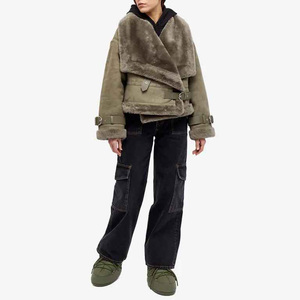 Élégant Dames Veste D'hiver En Cuir Véritable Polyester Enduit Large Col Rabattu Boucle Poignets Fermeture Éclair Chaud Fourrure Nouveau Crop Design - Product Image 5