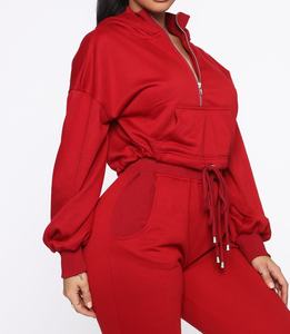 Motif solide pour femmes 2 pièces antistatique Polyester/coton coupe ample haut court et pantalon Joggers ensemble automne survêtement - Product Image 4