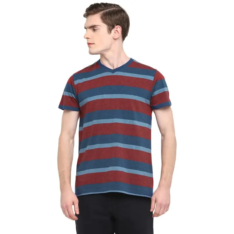 2023 최고 판매 프리미엄 남성 스트라이프 T 셔츠 사용자 정의 캐주얼 짧은 소매 V 넥 슬림 맞는 티셔츠 수출 품질 도매 가격