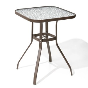 Crestlive <b>Square</b> Patio <b>Bar</b> Height <b>Table</b> with Tempered Glass Top and Umbrella Hole Brown Aluminum Frame Weather-Resistant Metal - Product Image 1