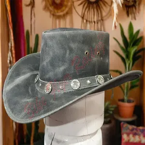 Western Cowboy-Hut Herren echtes Leder Vintage Kappe handgestickt westlich geformt widerstandsfähig groß