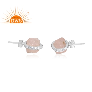Mejor Venta de plata esterlina cuarzo rosa natural y topacio blanco piedra preciosa Stud pendiente personalizado joyería fabricante - Product Image 3