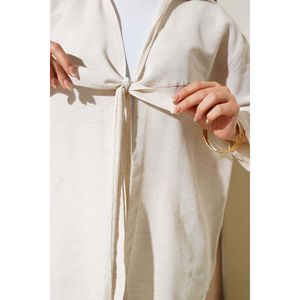 กิโมโนผ้าลินินผูกด้านหน้าสีเบจ - Product Image 3