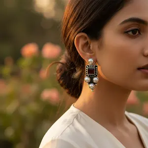 "Vintage Gold-Plated 925 Silver <b>Pearl</b> & Garnet Flower Drop <b>Earrings</b> for Women" - Product Image 3