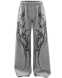 Pantalon de survêtement ample gris à imprimé tribal pour femme, style streetwear, coupe large, décontracté, en molleton, fabriqué par le fabricant - Product Image 1