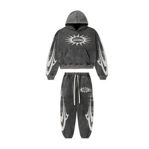 Streetwear Baggy à capuche et pantalon empilé pour enfants personnalisés ensemble survêtements délavés à l'acide pour garçons DTG imprimé recadrée évasée survêtements - Product Image 4