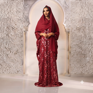 Ensemble Maqbal Dirac de couleur marron premium - Robe somalienne traditionnelle élégante avec des paillettes scintillantes et un châle assorti - Product Image 1