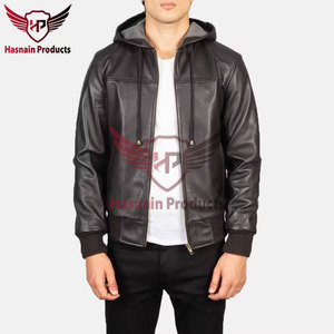 Chaqueta de cuero bombardero genuino de cordero negro de moda de calidad superior para hombre con capucha desmontable Chaqueta de cuero bombardero elegante para hombre - Product Image 4