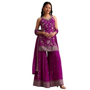 Purple Resham Work Sharara Set avec Dupatta pour les mariages traditionnels en gros Cérémonies culturelles Fêtes de fête et en vrac - Product Image 2