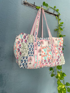 Bolsa de Mano de Algodón Hecha a Mano con Estampado de Bloques de Moda Pinksa, Bolsa de Viaje Grande Acolchada con Cierre, Diseño de Patchwork, Bolsa de Regalo para Deportes y Ocasiones Especiales - Product Image 2