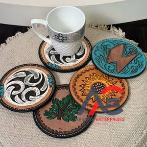 New Customized Handmade Tooled Leather <b>Tea</b> <b>Coaster</b> Set Genuine Leather <b>Coaster</b> for Drinks Western Home Decoration Gifts - Product Image 1