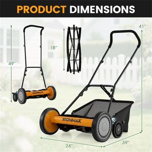 Industrial Grade 18-Inch Manual Walk-Behind Steel Lawn Mower 5 Blade Push Reel 4-<b>Level</b> Height Adjustment Orange Includes Grass - Product Image 2