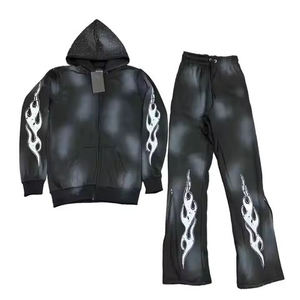 Sudadera con capucha y pantalones de chándal acampanados de pierna recta, chándal para hombre con cremallera personalizada, chándal lavado con ácido, serigrafiado - Product Image 1