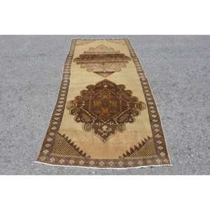 Vintage Brown Beige Wool <b>Rug</b> 3.8 X 10.8ft Classic <b>Turkish</b> Style Handmade Patchwork Design for Teens Rectangle Hallway Latex 4m - Product Image 1