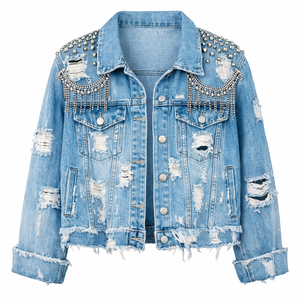 Vestes en jean surdimensionnées pour femmes au design premium avec des motifs léopard et diamant brodés, style vintage écologique - Product Image 5