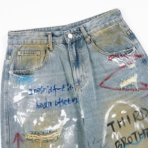 Haut de gamme hommes 100% coton jambe droite jean léger nouveau Style de rue américain Ruffian trous peints taille moyenne jambe large - Product Image 5
