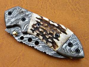 Couteau de poche pliant damas fait main avec manche en corne de cerf gaine de transport en cuir personnalisable pour la chasse prise en charge OEM - Product Image 3