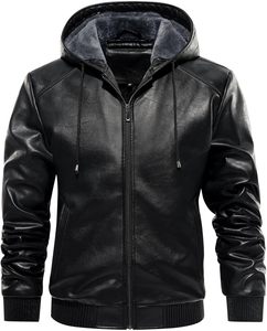 Nouvelle veste à capuche en cuir noir pour hommes veste de moto zippée doublée Sherpa style décontracté avec caractéristiques de la saison d'hiver - Product Image 1