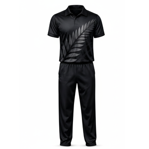 OEM Custom Logo Black Cricket Uniform Silver <b>Fern</b> <b>Print</b> Jersey and Trouser Lightweight Sportwear - Product Image 1