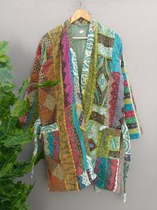 Wholesale Indian Quilted Patchwork Kantha Jacket for Women Long Winter Coat Full Sleeves <b>Belt</b> Cotton-Filled Bridal Dressing Gown - Product Image 5