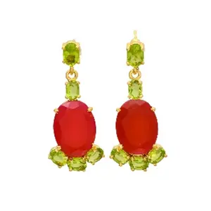 Exclusive Carnelien And Peridot Hydro Jewelry Gold Plated 925 Sterling Silver Oval Shape Gemstone Earrings