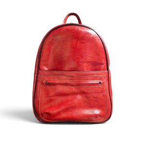 Sac à dos pour ordinateur portable unisexe en cuir véritable rayé rouge, vintage, durable, résistant à l'eau, minimaliste, grande capacité, fermeture éclair - Product Image 1