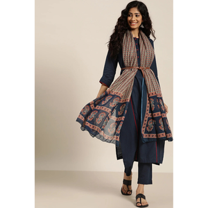 Conjunto de Kurta de Algodón Sólido Azul Marino para Mujer, Conjuntos de Traje para Mujer - Product Image 3