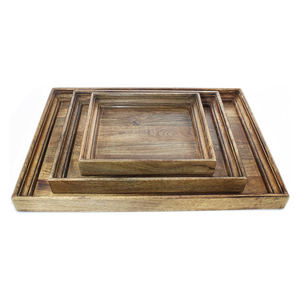 Burnt Mango Wood Serving Tray <b>Set</b> - Ideal for <b>Tea</b>, Coffee, and Breakfast - Available in Large, Medium, and Small Size Trays - Product Image 1