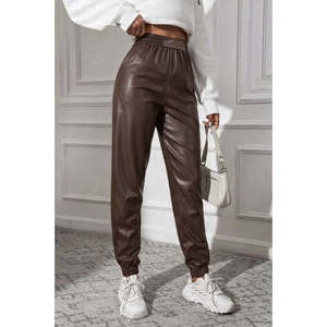 Pantalones de cuero con botones elásticos en la cintura alta para mujer, 34423 - Café - Product Image 3