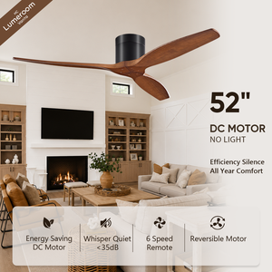 52 Inch Black <b>Ceiling</b> <b>Fan</b> Without Light with 3 Solid Wood Blades Flush Mount <b>Remote</b> <b>Control</b> <b>Fan</b> for Living Room - Product Image 1