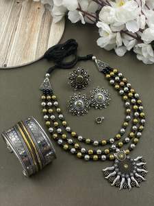 Beautiful Oxidised Double Tone Jewelry Combo Set <b>for</b> <b>Women</b> Includes Necklace, Earrings, Bangles, <b>Ring</b> & <b>Nose</b> Pin Festive Wear - Product Image 4