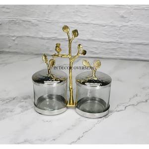 Brass Antique Finished Heavy Duty Metal Made Leaves Designer Top Lid Set Of 3 High Quality Clear <b>Glass</b> Canister Kitchen Supplies - Product Image 3
