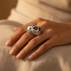 925 <b>Silver</b> Multi-Gemstone <b>Statement</b> <b>Ring</b> for Women Fine Jewelry with Geometric Pattern Cut Garnet Main Stone Platinum Material - Product Image 1